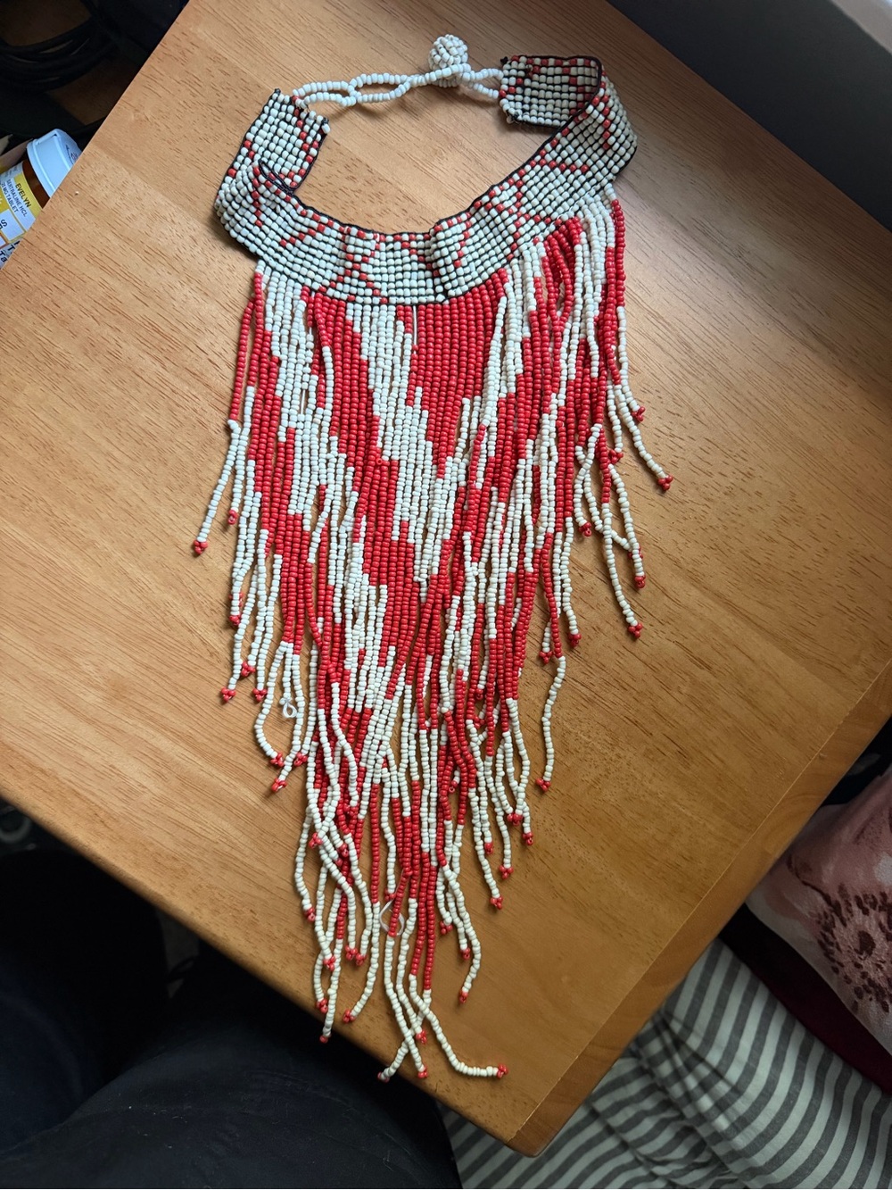 Red & Ivory Beaded Fringe Bib Statement Necklace Boho Festival